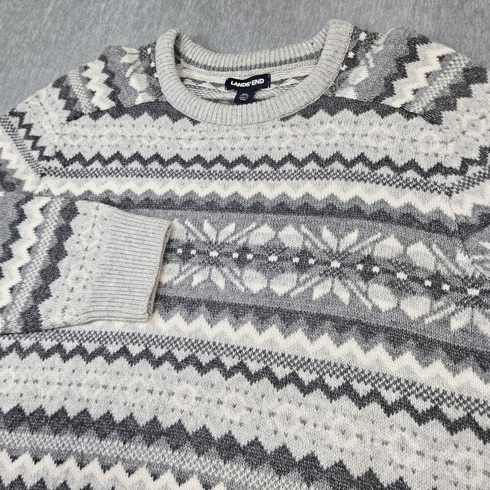 Lands' End Sweater Mens XL Gray Fair Isle Snowflake Knit Winter Crewneck